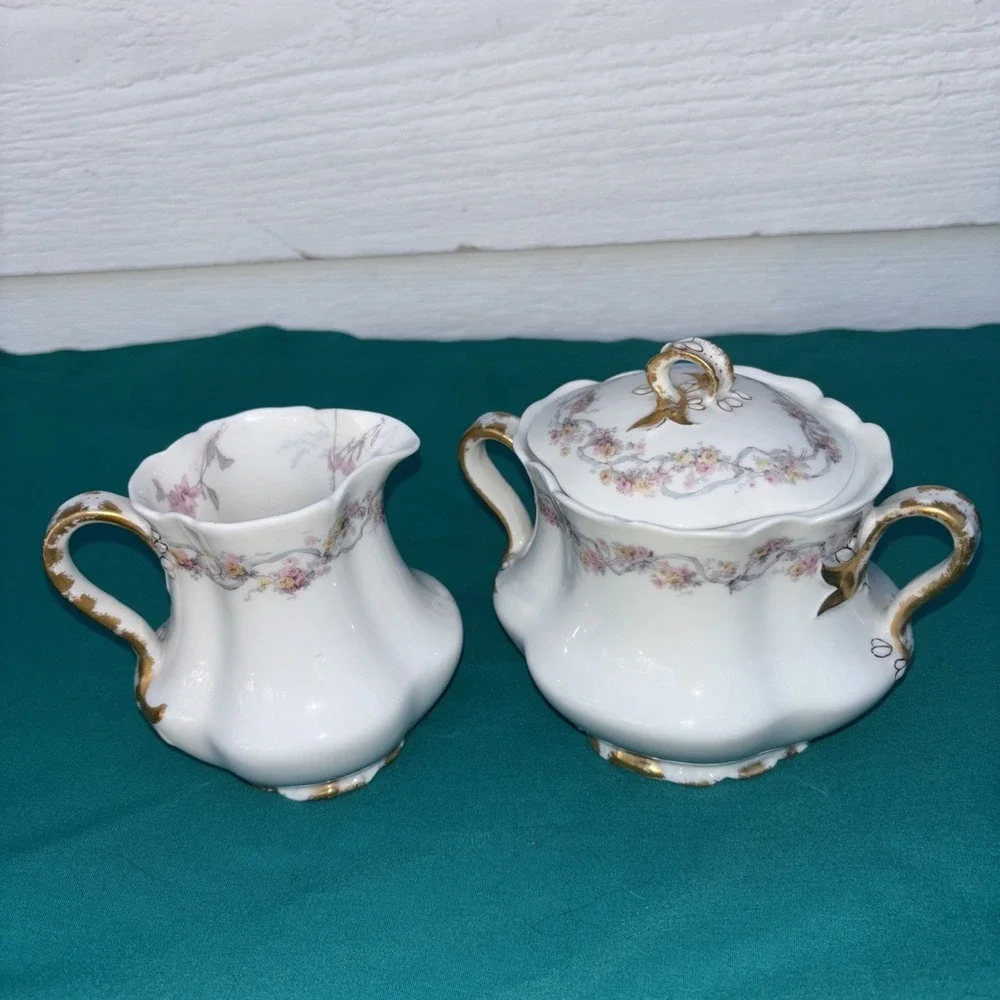 Antique Haviland & Co R. Briggs Co Limoges France Creamer (Cracked) & Sugar Dish